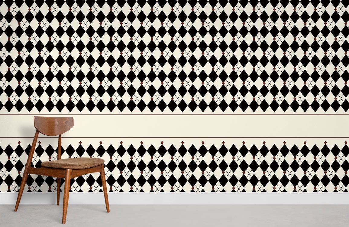 Classic black and white harlequin wallpaper with wooden chair, minimalist style, grey flooring. Timeless elegance.