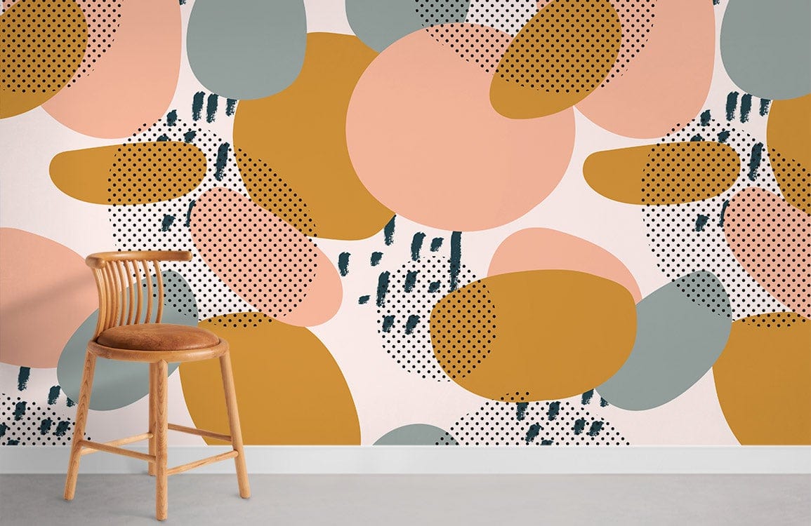 Abstract pastel geometric dots mural wallpaper in earthy tones, featuring wooden chair, grey flooring.