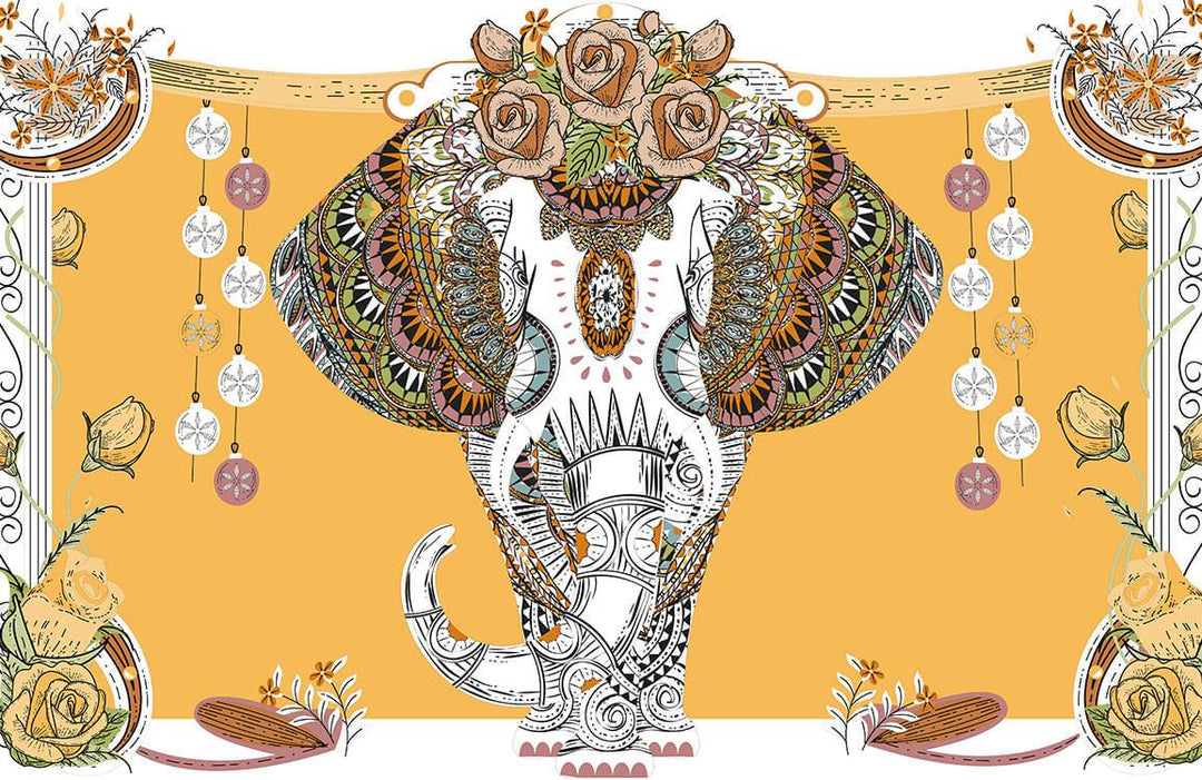 Exotic Elephant Boho Mural Wallpaper with Floral Motifs in Earthy Tones