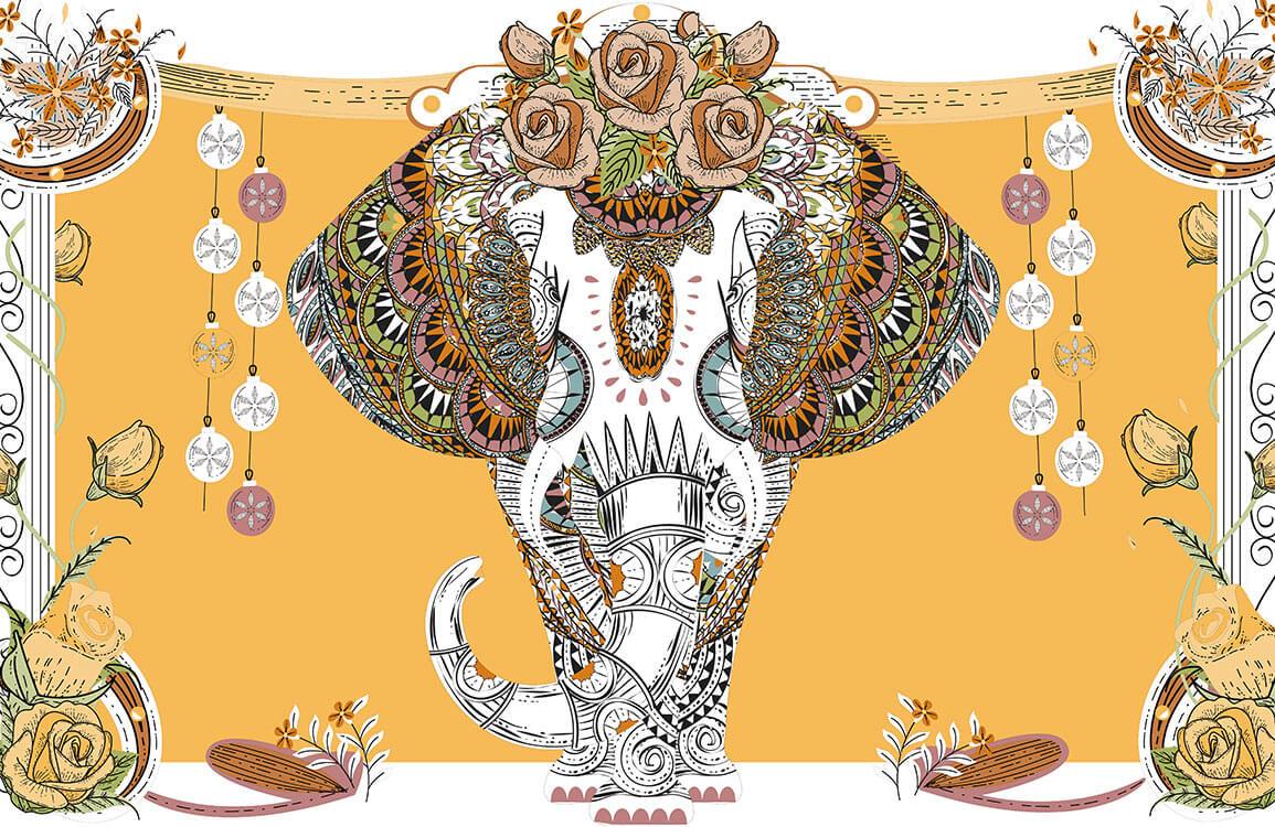 Exotic Elephant Boho Mural Wallpaper with Floral Motifs in Earthy Tones