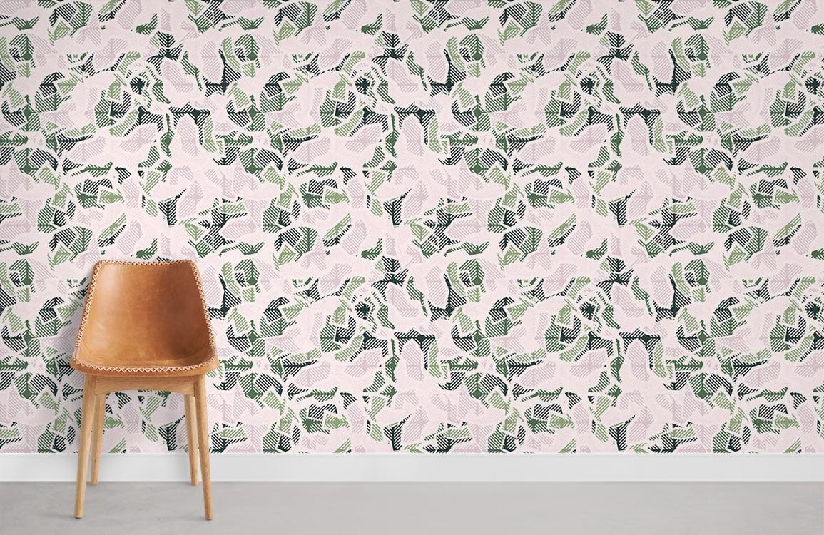 Abstract camouflage green and grey wallpaper with a brown modern chair, suitable for contemporary interiors.