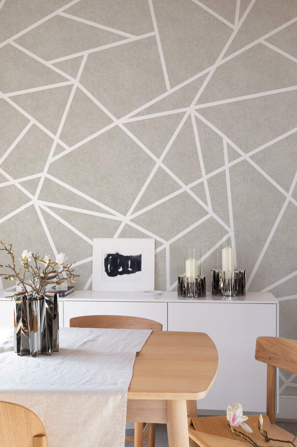 Modern Geometric Grey White Abstract Wallpaper in dining room, featuring natural wood furniture and decor.