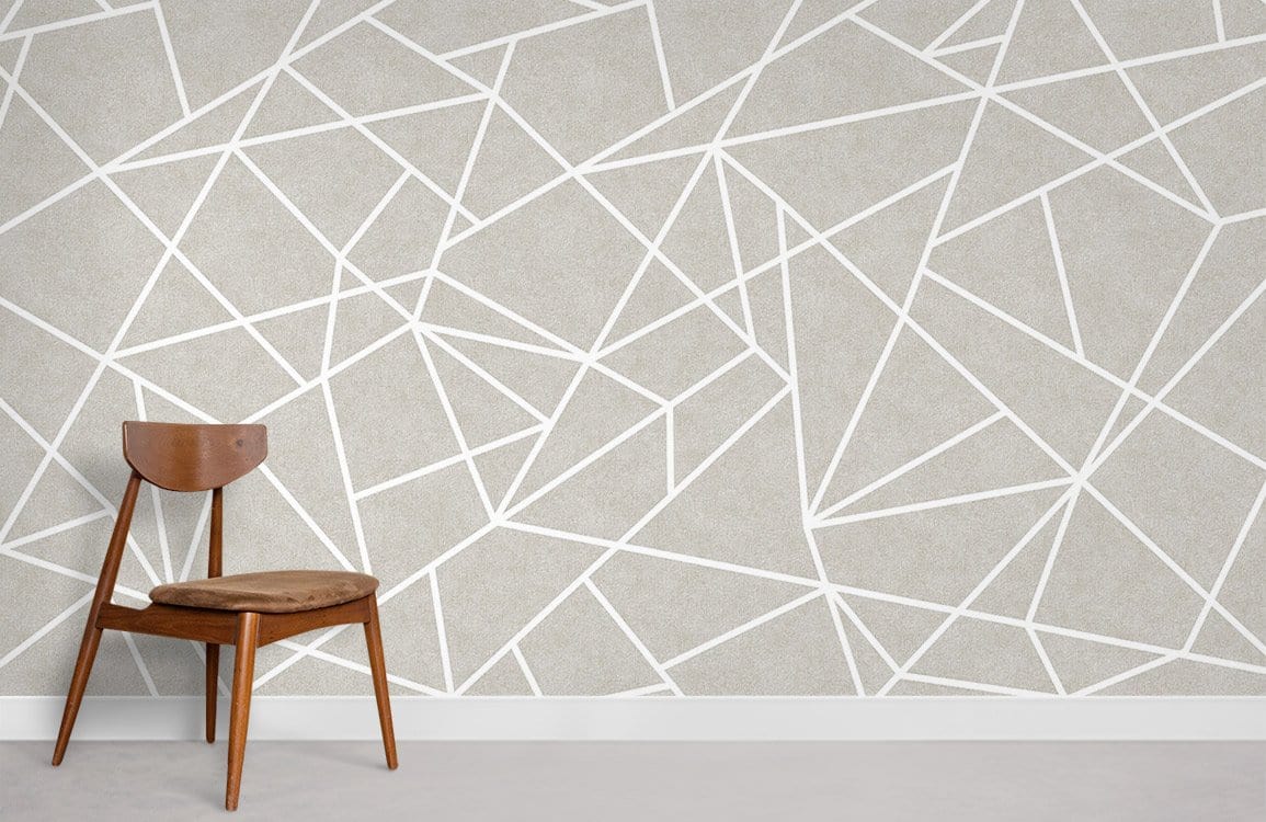 Modern geometric wallpaper, grey and white abstract pattern, wooden chair, minimalistic contemporary room setting.