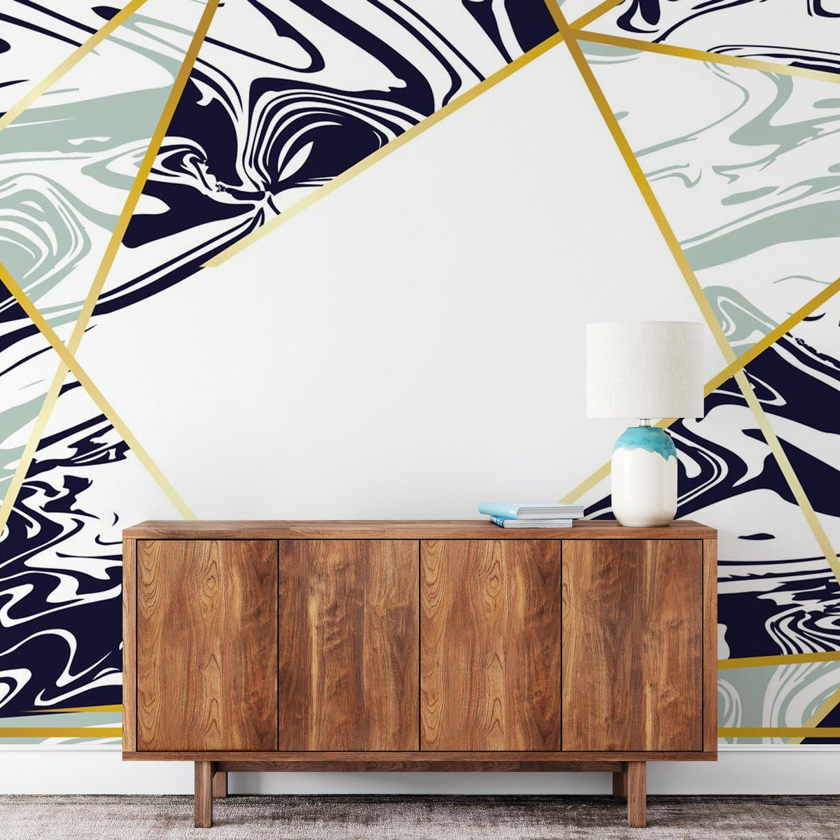 Modern geometric blue gold marble wallpaper, wooden sideboard, table lamp, contemporary living room design.