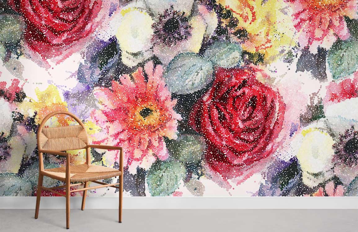 Vibrant floral watercolour wallpaper with chair, colourful artistic design, grey floor, artistic wall decor.