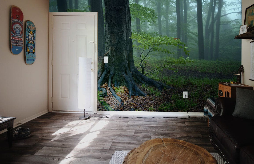 Enchanted forest mural wallpaper in living room with wooden flooring, leather sofa, and skateboard decor.