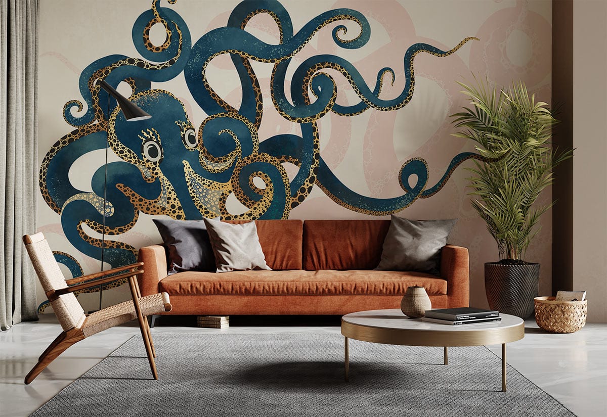 Deep Sea Adventure: Teal Octopus Mural in living room with brown sofa, grey rug, and wooden chair.