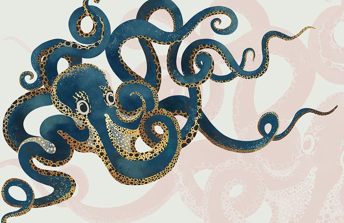 Deep Sea Adventure: Teal Octopus Mural Wallpaper for Nautical Interiors