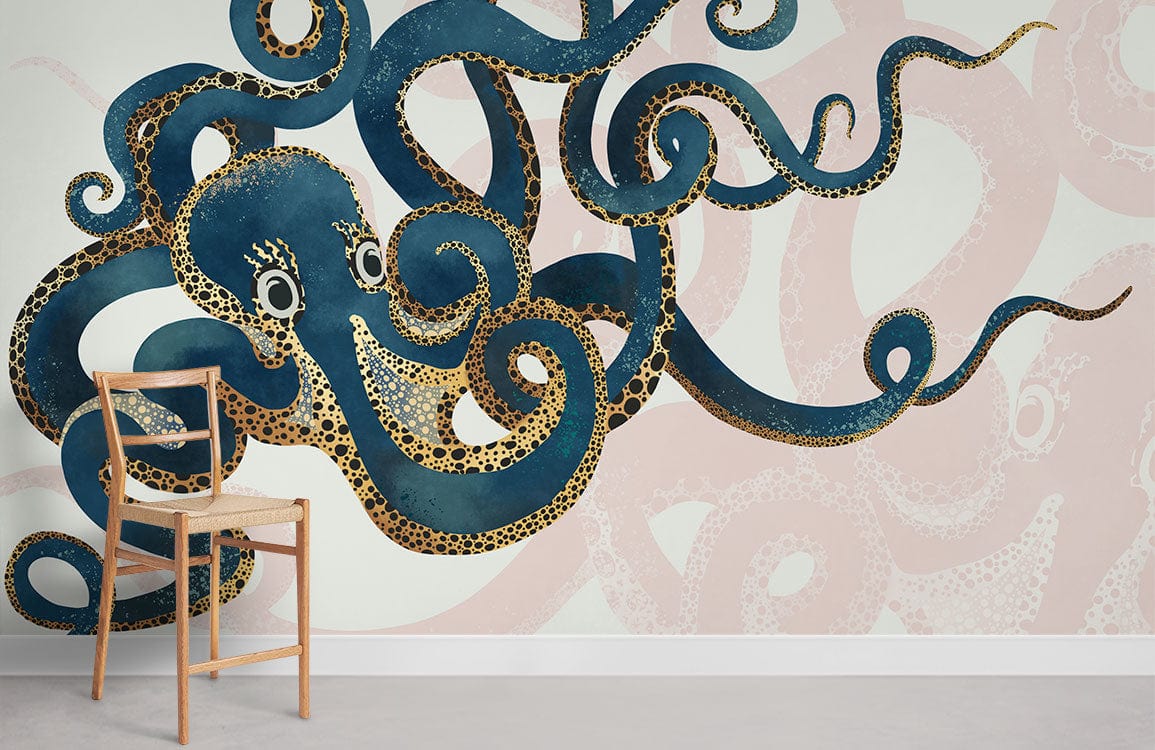 Teal octopus mural wallpaper in nautical interior, wooden chair, pastel wall, light flooring.