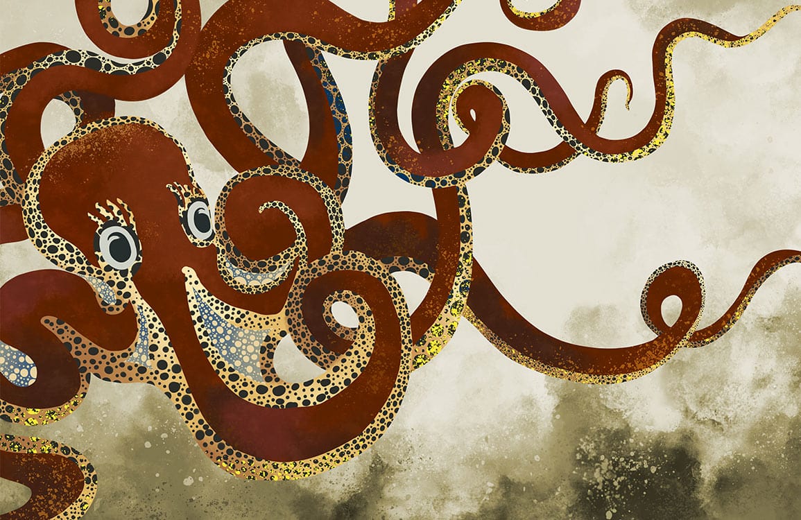Vintage Nautical Octopus Wall Mural - Elegant Brown and Gold Design