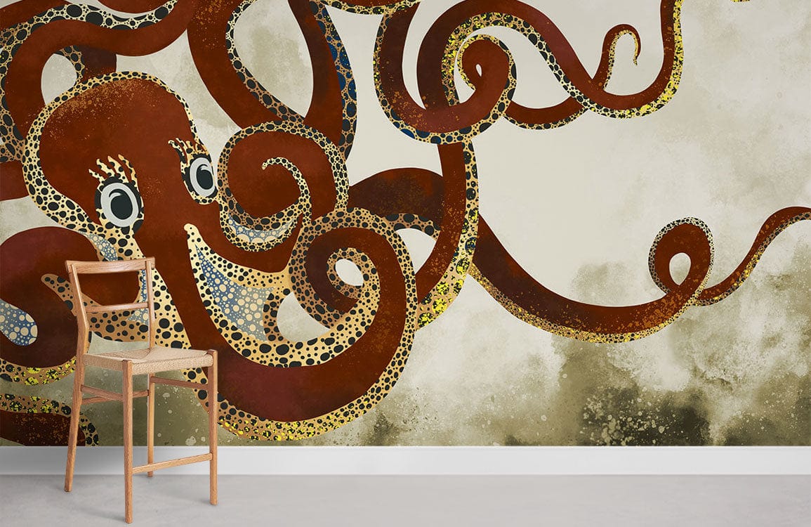 Vintage Nautical Octopus wall mural with elegant brown, gold design; minimalist chair on grey floor.