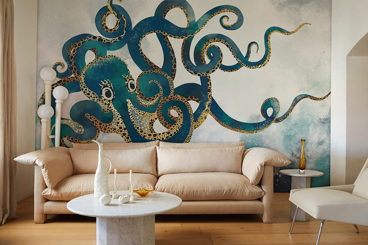 Elegant teal octopus mural with beige sofa, marble table, wooden flooring, in stylish living room.
