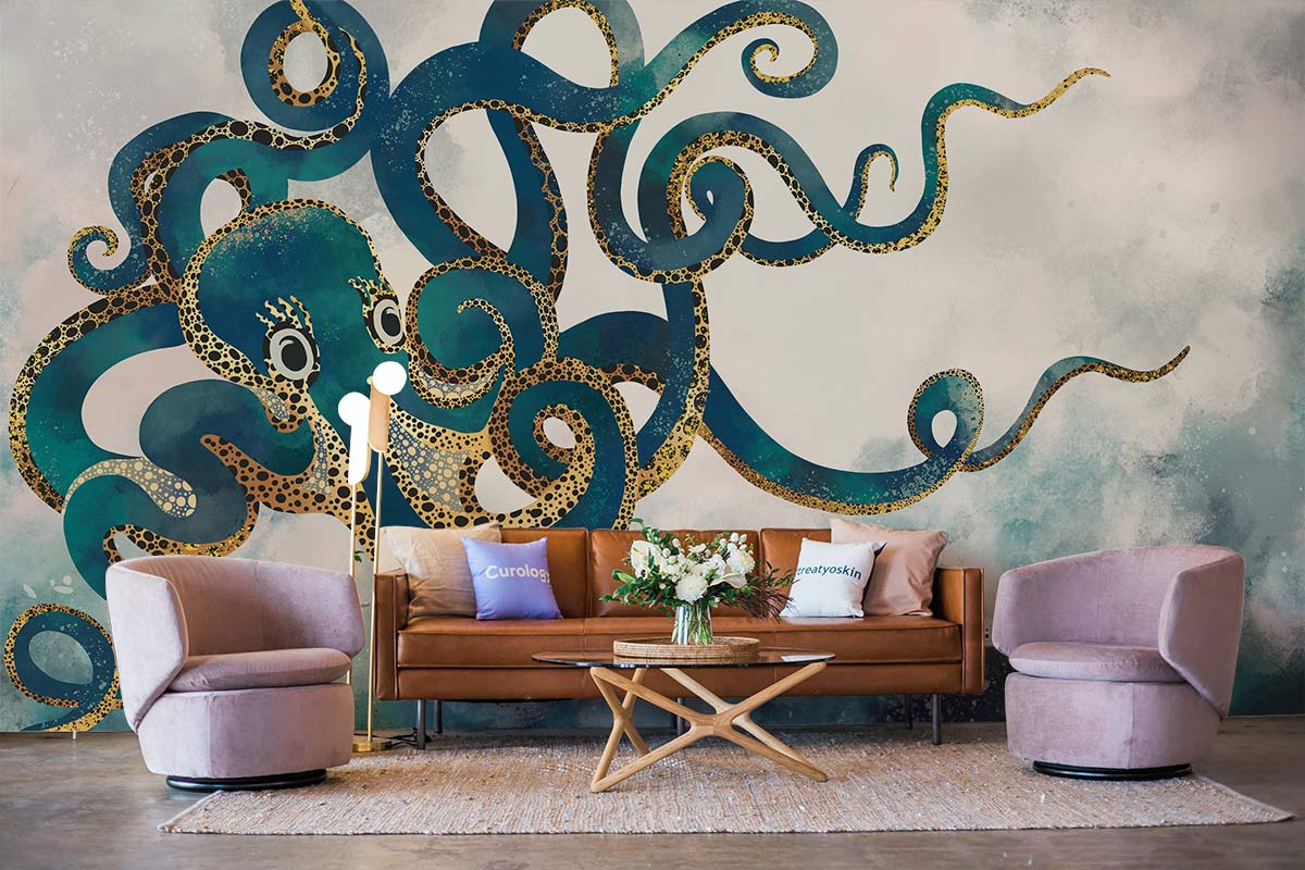Elegant teal octopus mural wallpaper, artistic style, with brown sofa, round chairs, cosy living room.