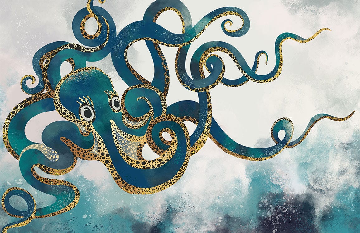 Elegant Teal Octopus Marine Scene Mural Wallpaper with Artistic Design