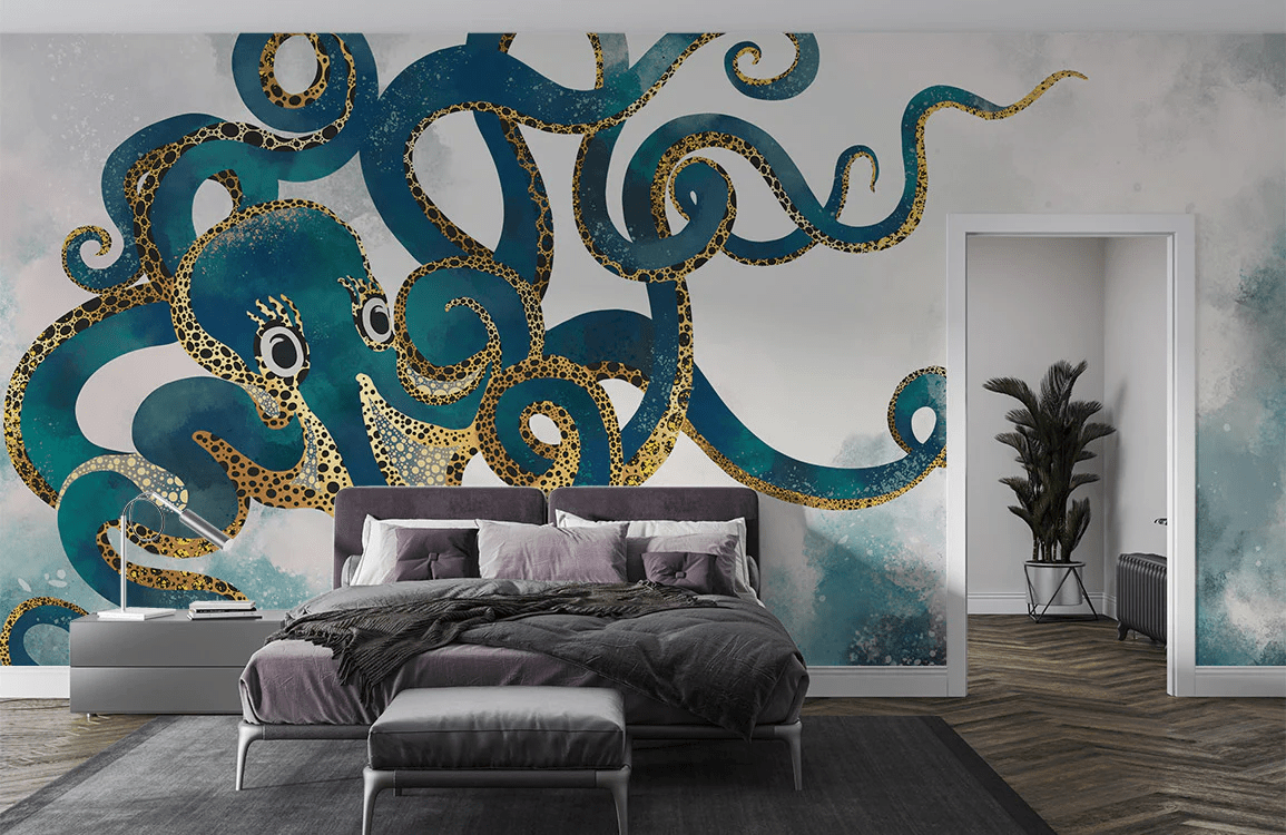 Elegant teal octopus mural wallpaper in bedroom with grey bed, modern decor, and dark wood flooring.
