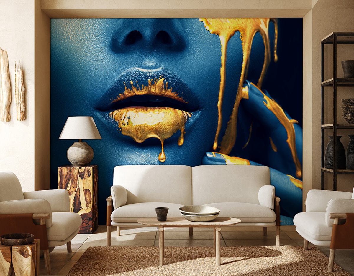 Elegant Blue and Gold Drip Art Mural Wallpaper in stylish lounge with beige sofas, wooden flooring.