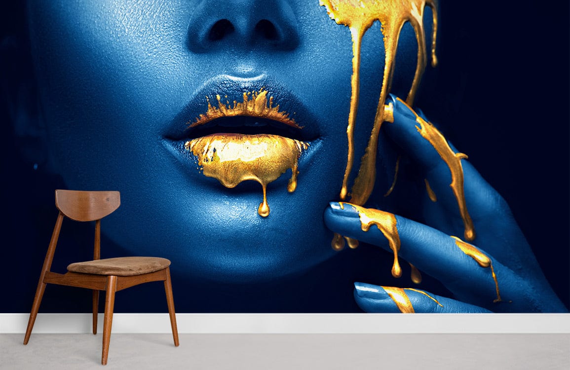 Elegant Blue and Gold Drip Art Mural Wallpaper for living rooms, featuring a wooden chair on grey flooring.