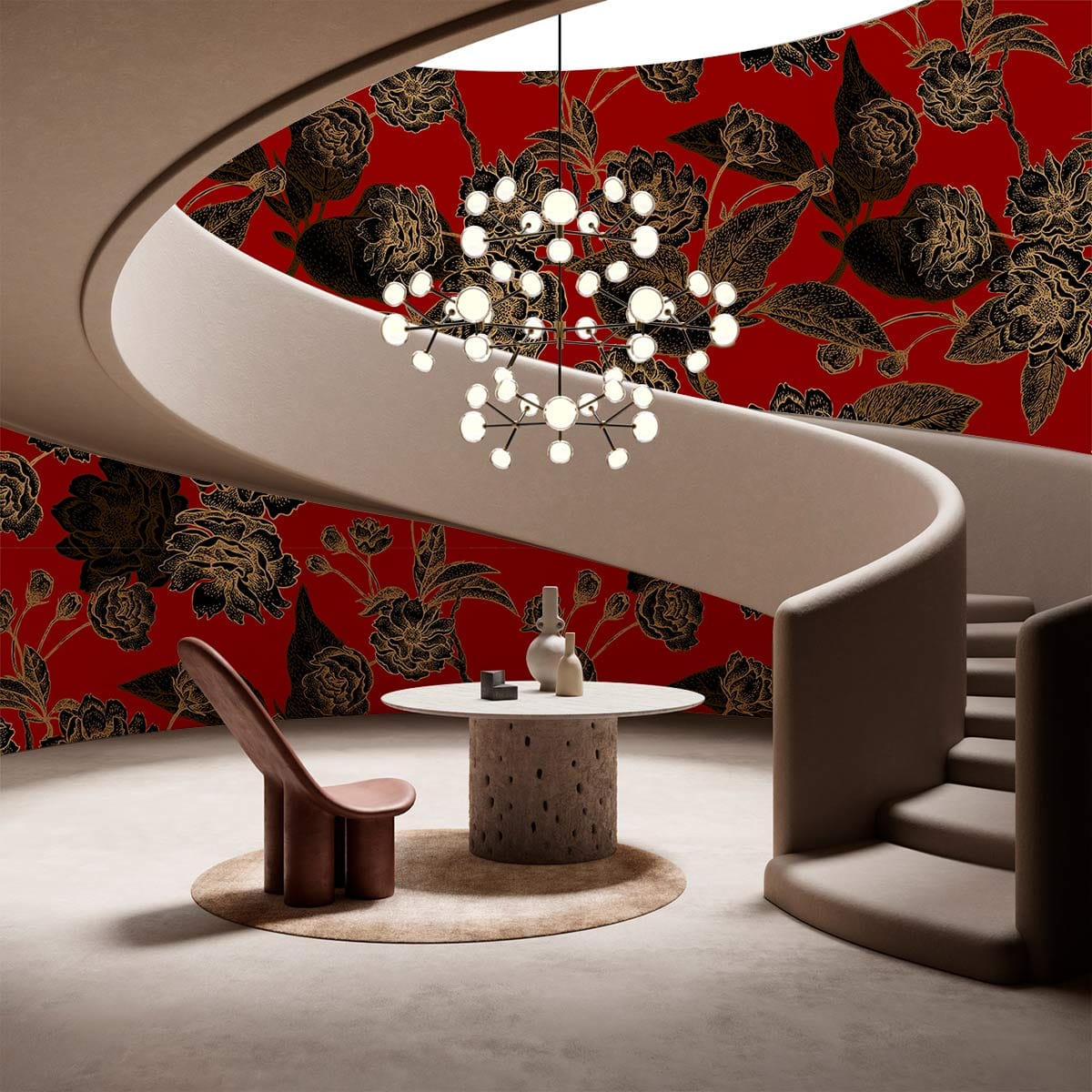 Luxurious red floral wallpaper decor in modern room with curved staircase and elegant chandelier lighting.