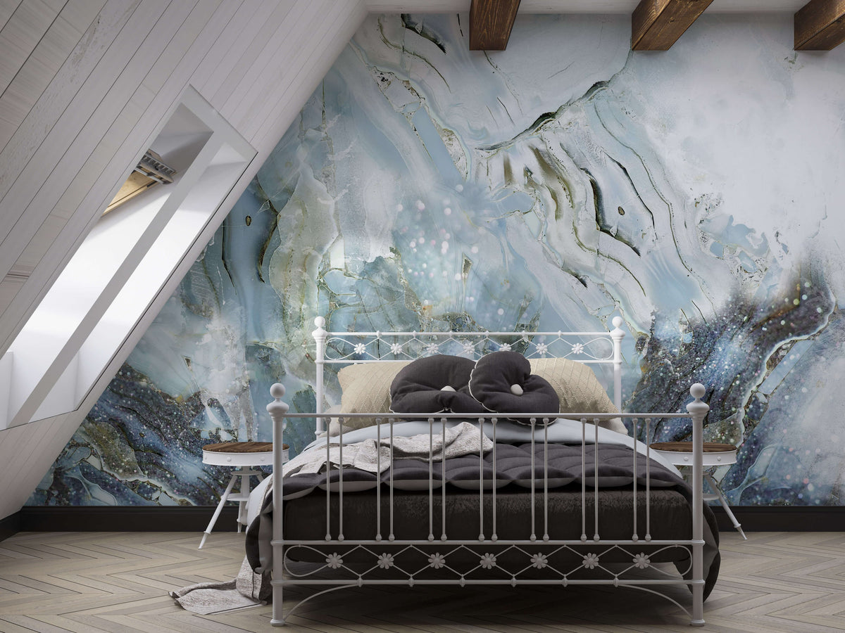 Elegant blue marble mural wallpaper in modern loft bedroom with metal bed and wood flooring.