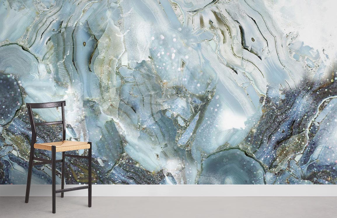 Elegant blue marble mural wallpaper, modern interior, black chair, neutral flooring, luxury decor design.