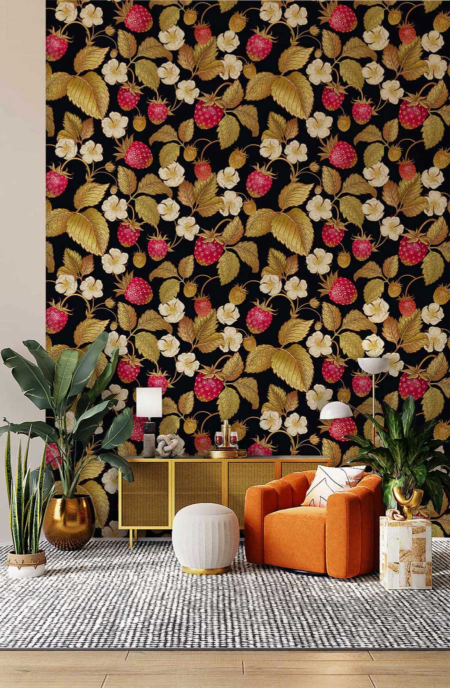Vintage botanical strawberry wallpaper, gold leaves, black background; orange sofa; modern rug; wooden flooring.