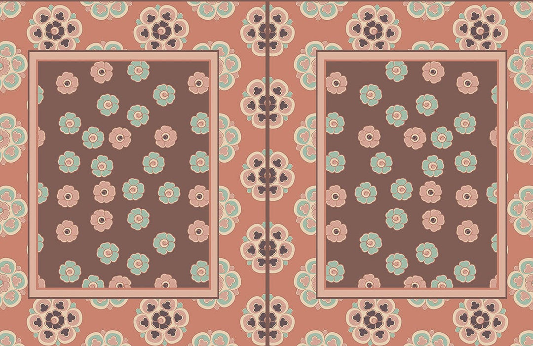 Retro Floral Pattern Wallpaper, Vintage Peach and Aqua Design Aesthetic