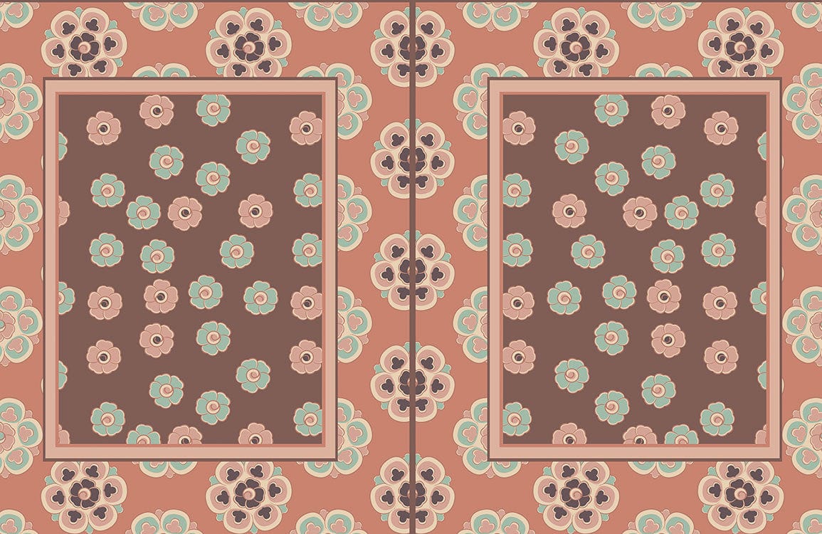 Retro Floral Pattern Wallpaper, Vintage Peach and Aqua Design Aesthetic