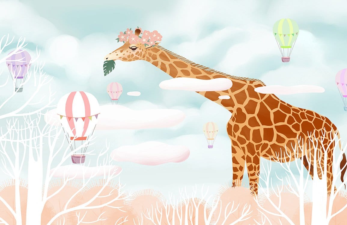 Whimsical Giraffe and Hot Air Balloons Pastel Mural Wallpaper Delight