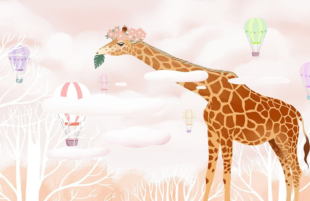 Whimsical Giraffe and Hot Air Balloons Pastel Dreamscape Nursery Wallpaper