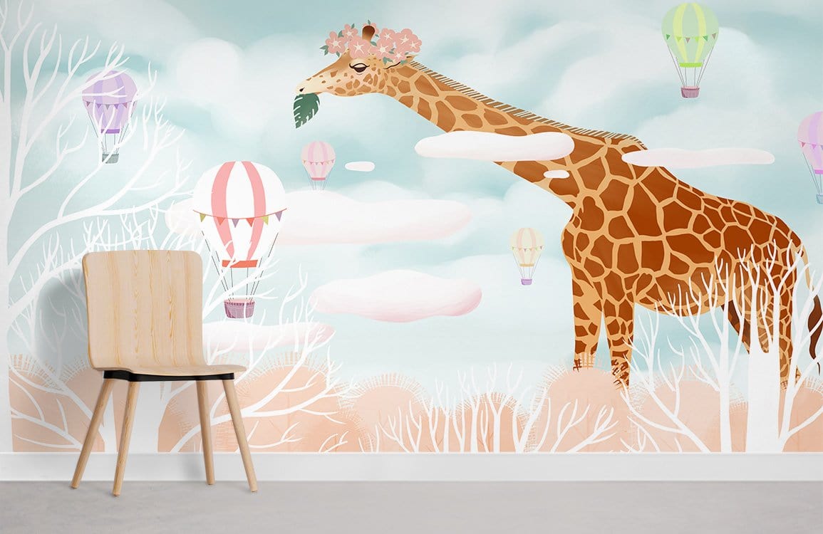 Whimsical giraffe with pastel hot air balloons mural, wooden chair, neutral flooring in stylish room.