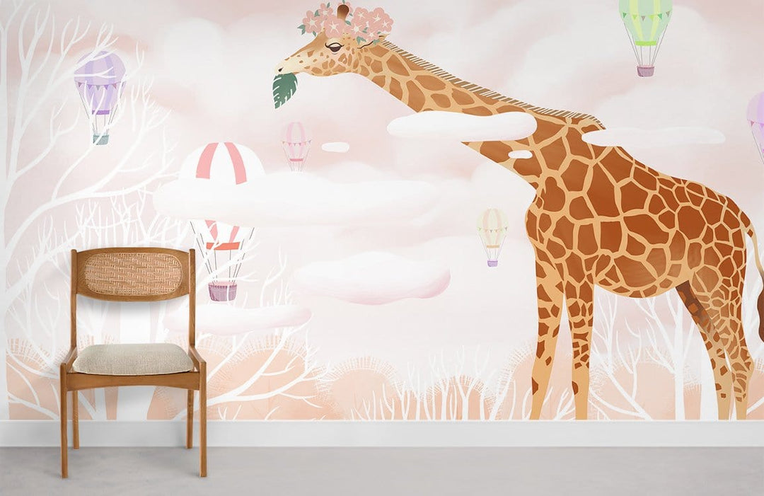 Whimsical giraffe nursery wallpaper with hot air balloons, wooden chair, pastel dreamscape, beige wall.