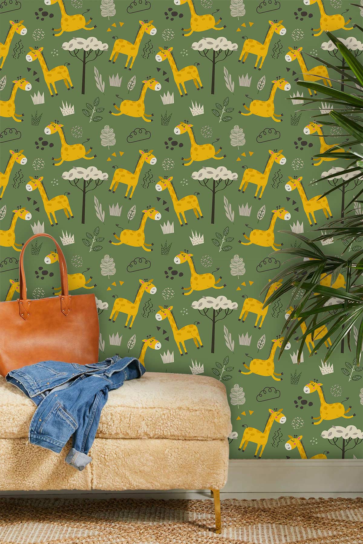 Playful green giraffe wallpaper in children's room with cosy beige sofa and stylish natural flooring.