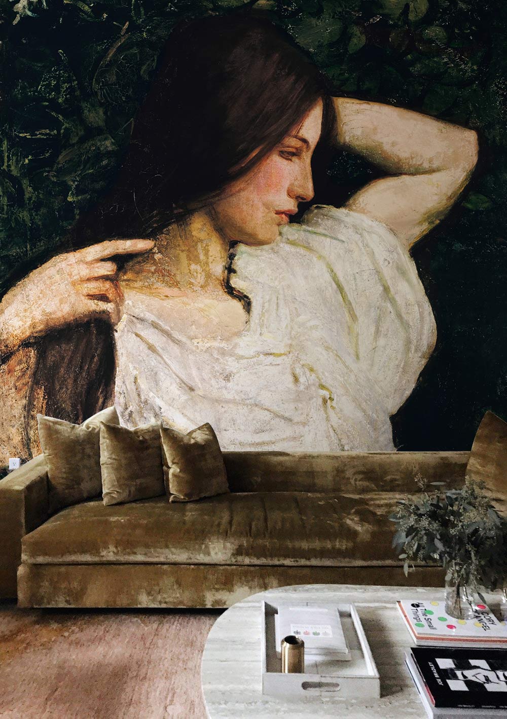 Vintage Romantic Woman Portrait Mural Wallpaper with velvet sofa, earth tones, wooden flooring, lounge setting.