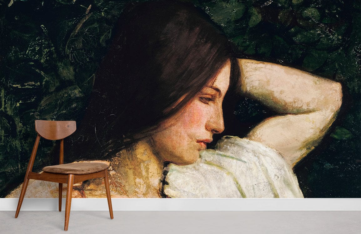 Vintage romantic woman portrait wallpaper, classic earth tones, wooden chair, neutral flooring, artistic room setting.