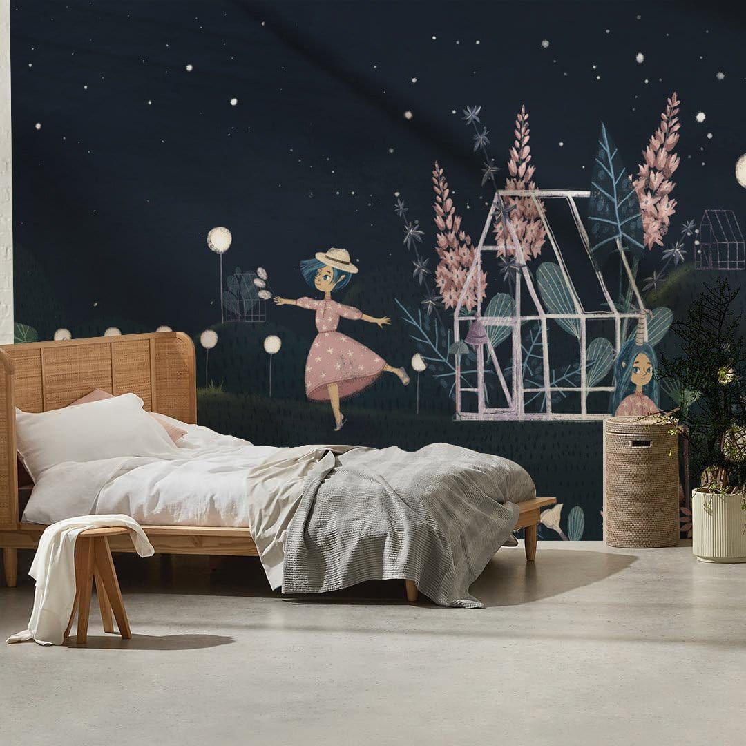 Enchanting Night Garden Mural Wallpaper with whimsical floral patterns in cosy bedroom, featuring wooden bed.