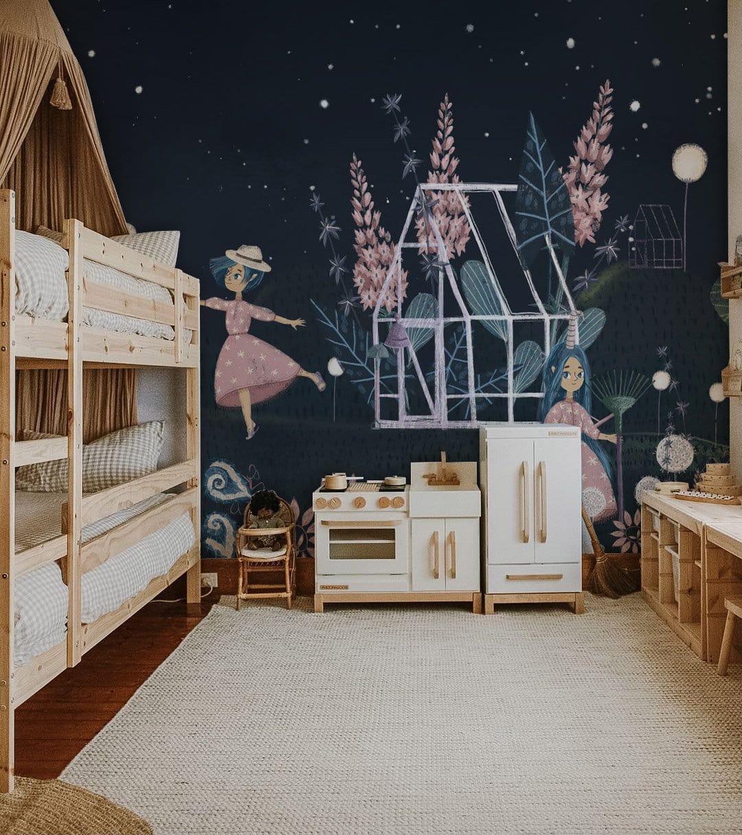 Children's room with Enchanting Night Garden Mural Wallpaper, bunk beds, play kitchen, woven rug.