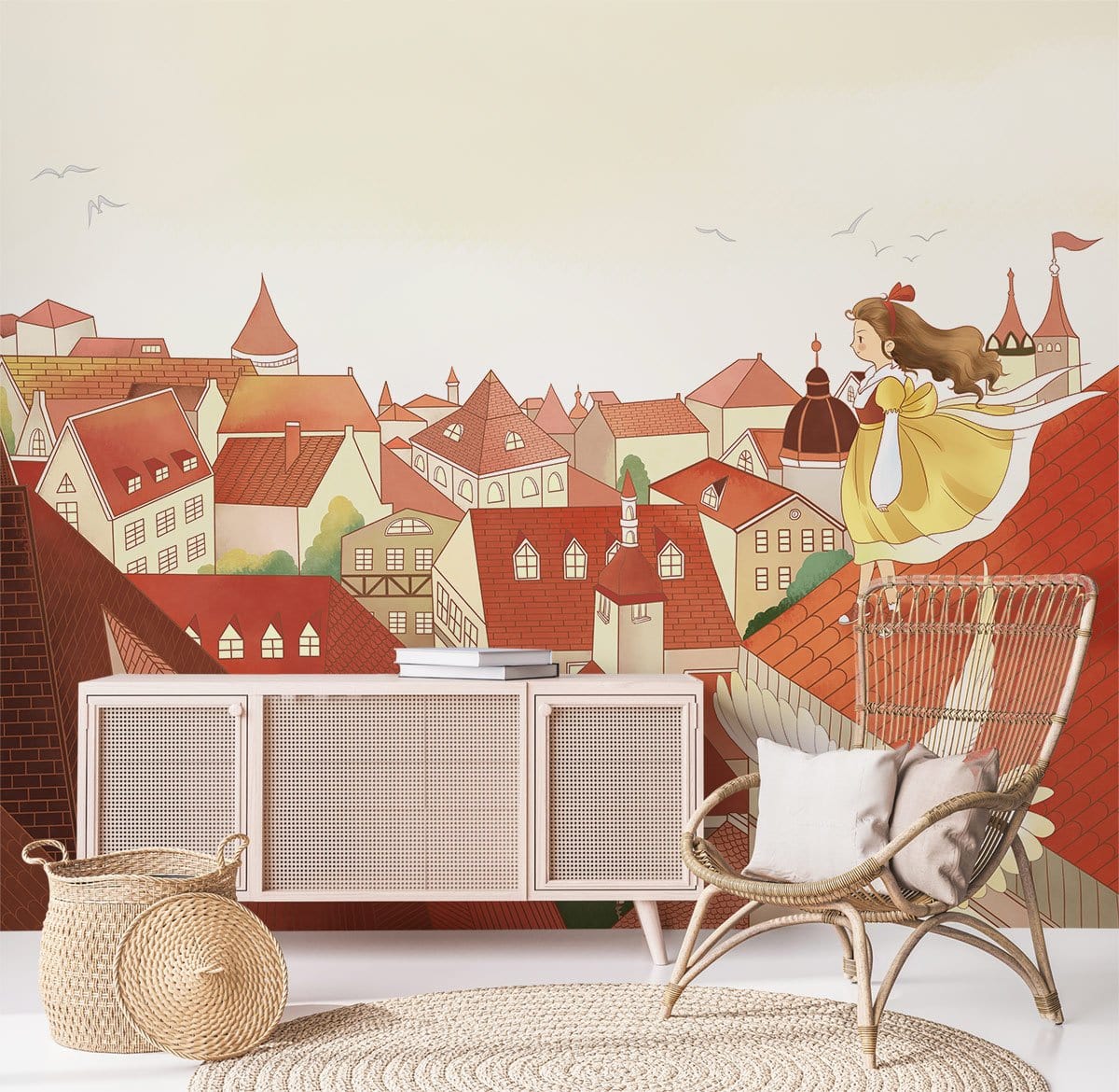 Charming Storybook Cityscape Mural with pastel hues, wicker chair, light rug in cosy living room.
