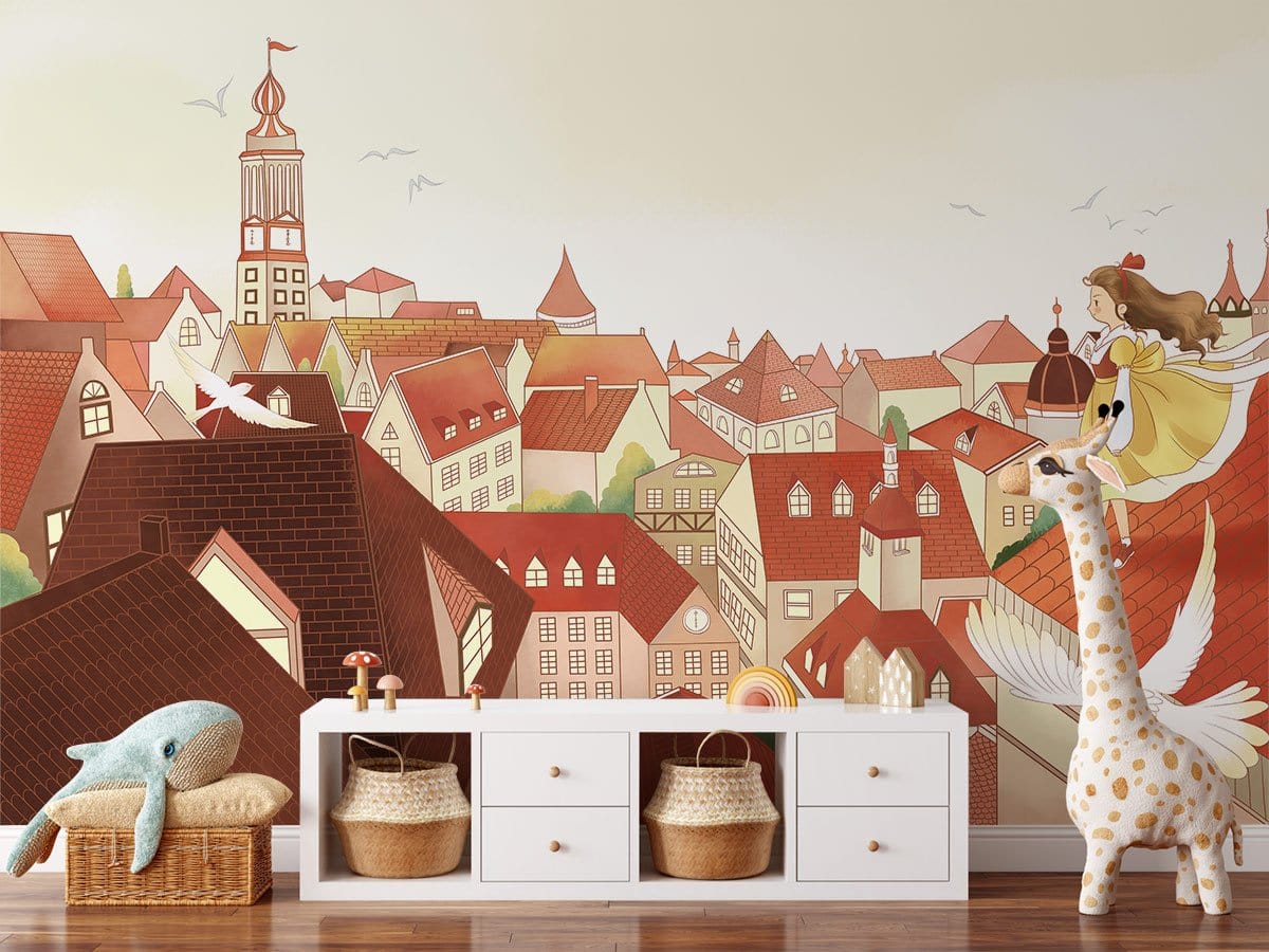 Charming Storybook Cityscape mural in pastel hues, children's room with white storage and giraffe decor.