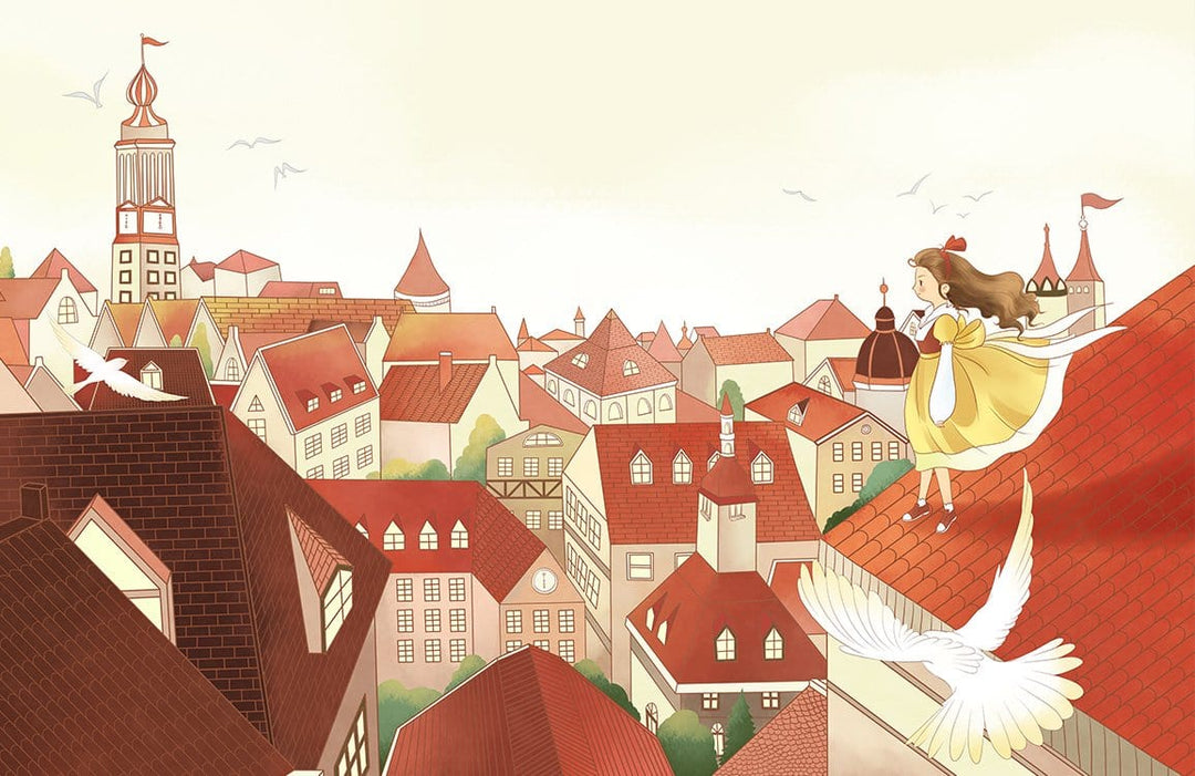 Charming Storybook Cityscape Mural Wallpaper with Soft Pastel Hues