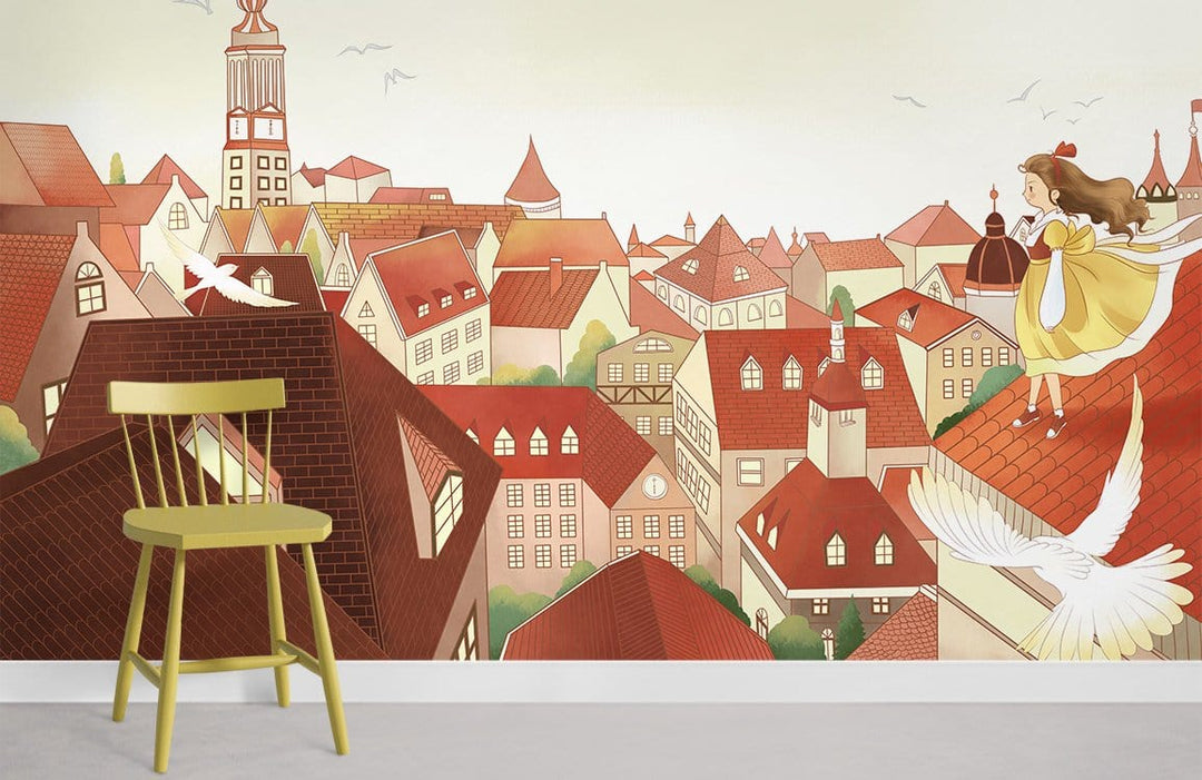 Charming storybook cityscape mural wallpaper with pastel hues, yellow chair, neutral flooring, children's room.