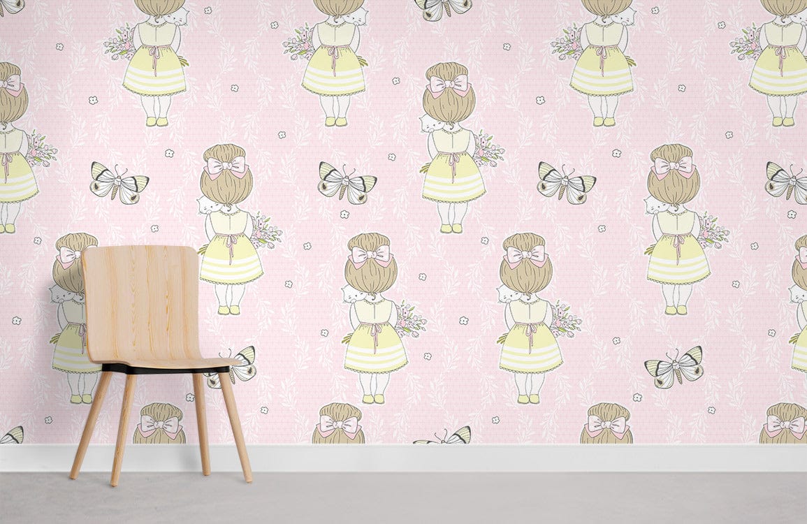 Girl with Her Cat and Butterflies Mural Wallpaper Room