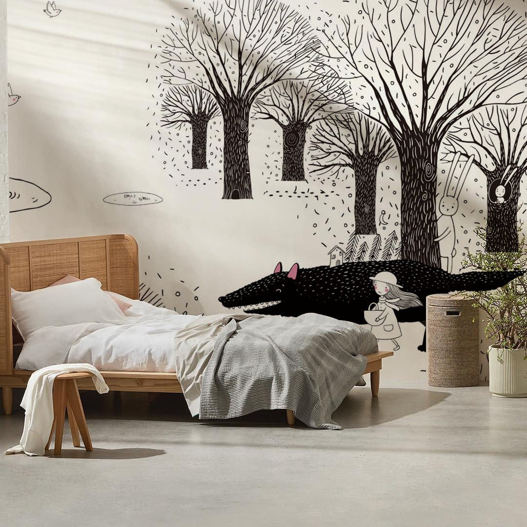 Children's bedroom with Enchanted Forest mural wallpaper, wooden bed, concrete flooring, black and white theme.