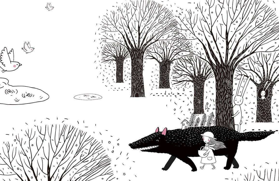 Enchanted Forest Black and White Children's Adventure Mural Wallpaper Décor