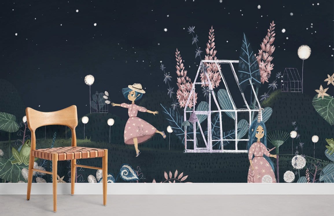 Enchanting night garden mural wallpaper, whimsical floral, wooden chair, grey flooring, charming room design.