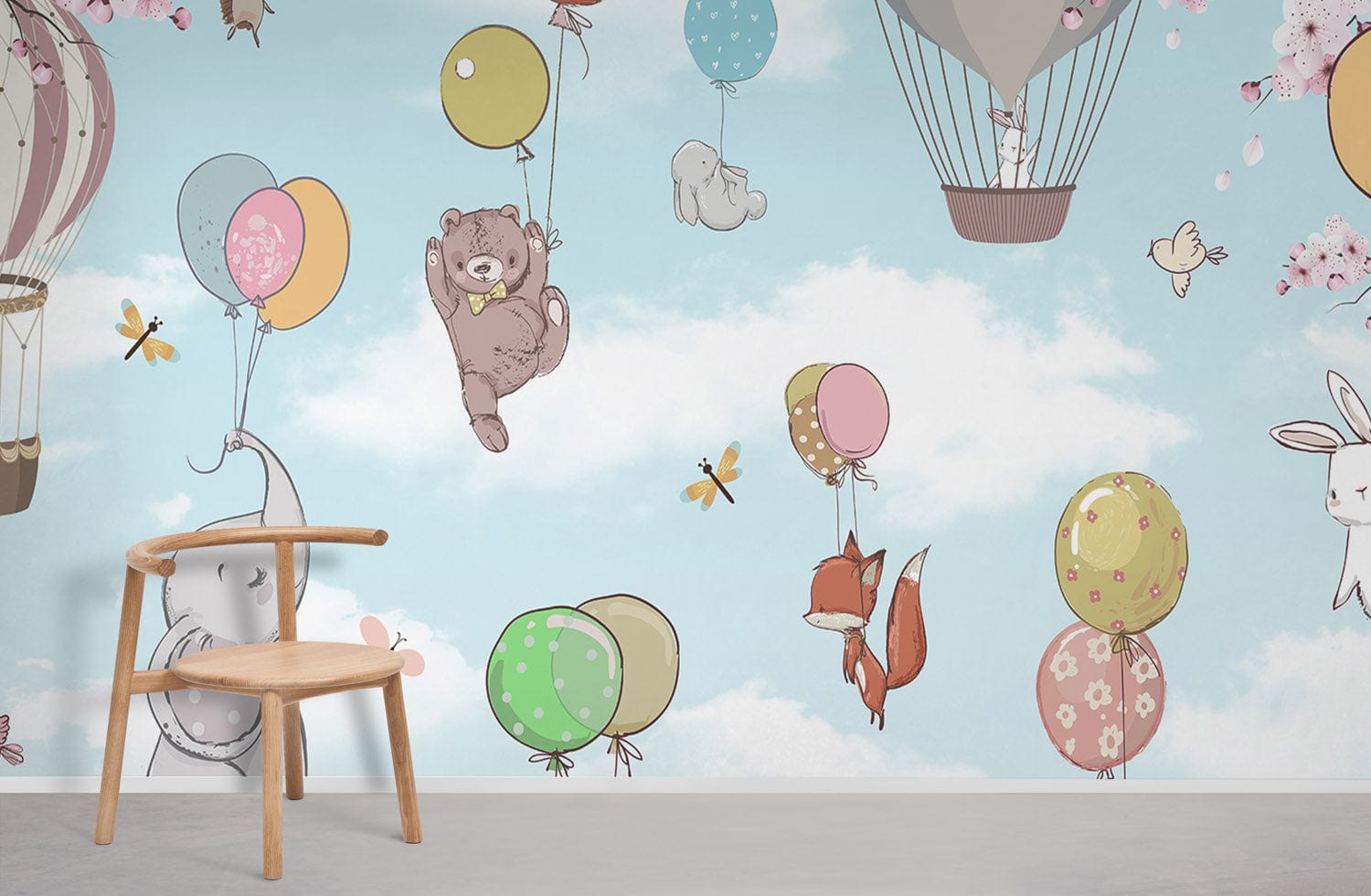 Whimsical Animal Balloon Adventure wallpaper in child's room with wooden chair, grey flooring. Sky theme.