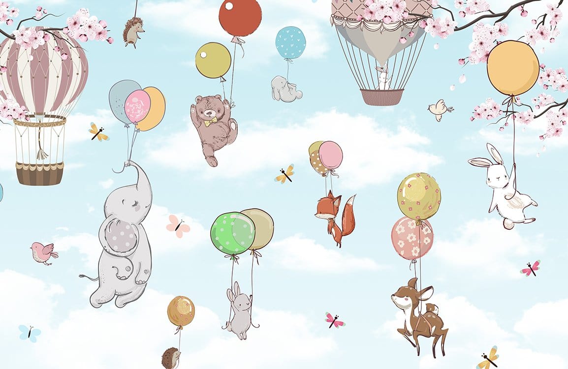 Whimsical Animal Balloon Adventure Sky Themed Child's Room Wallpaper Mural.