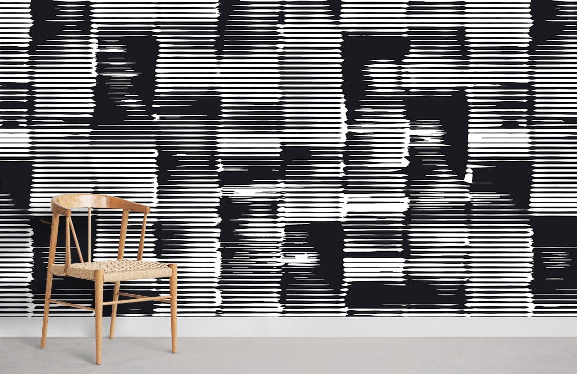 Monochrome abstract geometric wallpaper with wooden chair, grey flooring, modern interior design.
