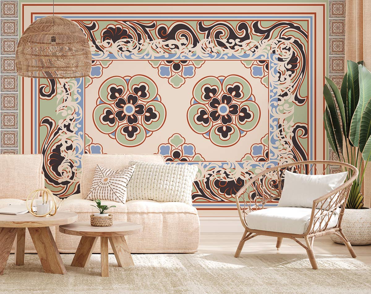 Elegant vintage floral wallpaper in earthy tones, cream sofa, wicker chair, natural wood coffee table.