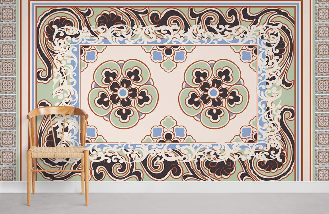 Alt text: Elegant floral wallpaper in earthy tones, cream; wooden chair, grey flooring, intricate wall design.