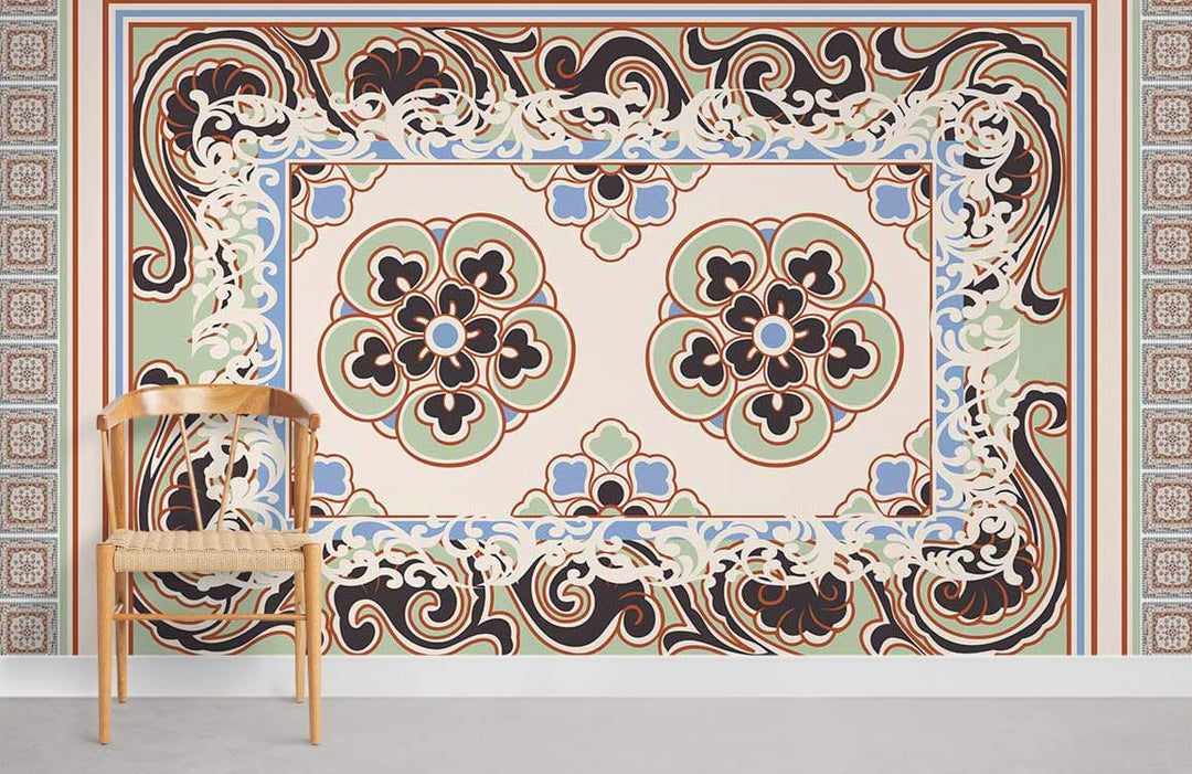 Alt text: Elegant floral wallpaper in earthy tones, cream; wooden chair, grey flooring, intricate wall design.